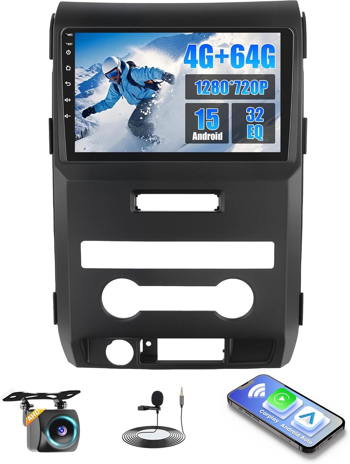 4 64GB Android 15 Car Radio for Ford F-150 F150 2009 2010 2011 2012 with Wireless CarPlay Android Auto, Realdio 9 Inch Touchscreen for F150 Car Stereo with Bluetooth 5.0, FM/RDS, 32EQ, GPS, WiFi, UI