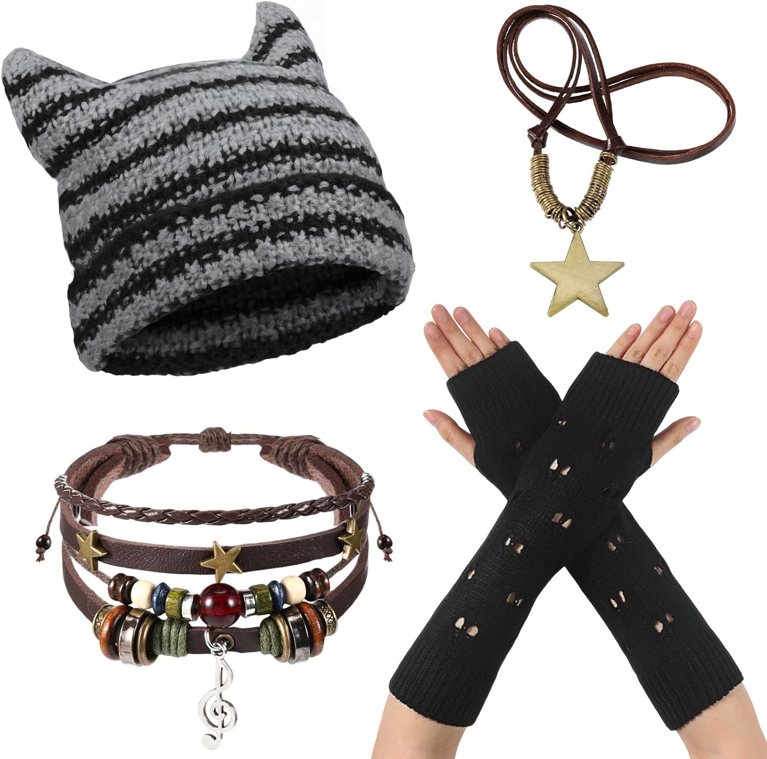 JaGely 4 Pcs Therian Grunge Emo Accessories for Women Cat Beanie Fairy Ripped Gloves Y2k Necklace Fairycore Bracelets Jewelry