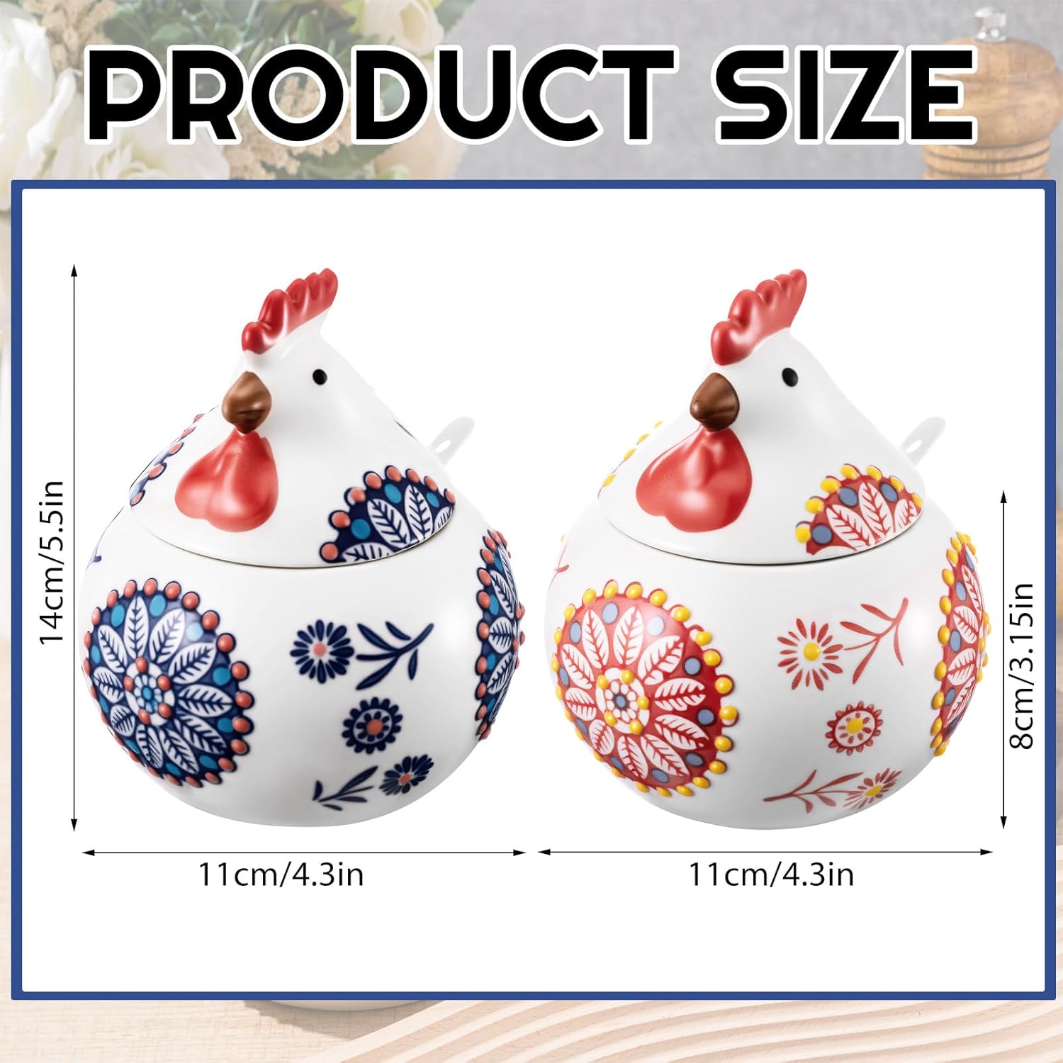 LemonRoad 2 Pcs Ceramic Salt Cellar with Lid and Spoon, 13oz Large Chicken Rooster Cookie Jar Salt Containers Holder for Countertop Spices, Ideal for Adding Charm to Kitchen Christmas Decor(Red,Blue)