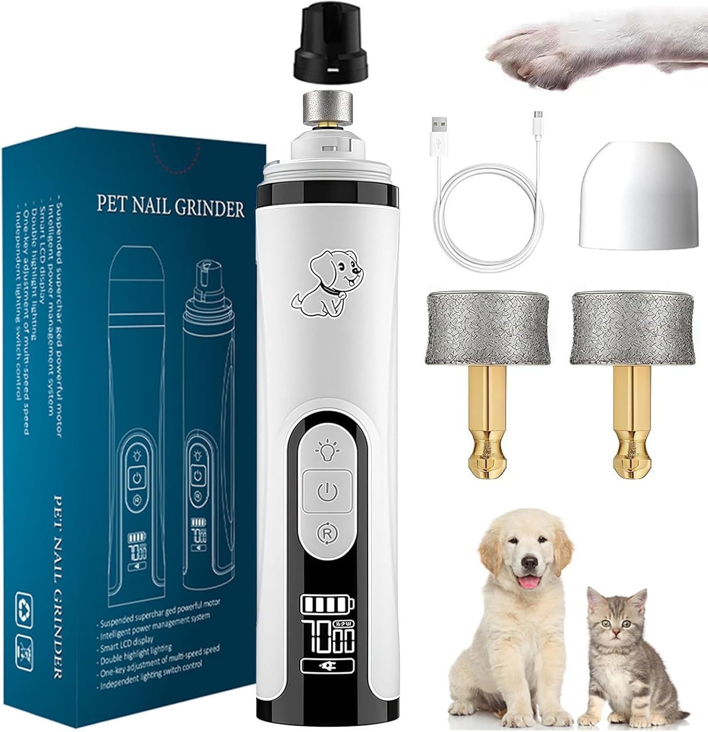 KQLHLHDYZ Silent Dog Nail Grinder, Cordless Grooming Pro Nail Grinder with 3 Adjustable Speeds & Led Light, Painless Paws Grooming for Small Medium Large Dogs & Cats (2 Replacement Heads)
