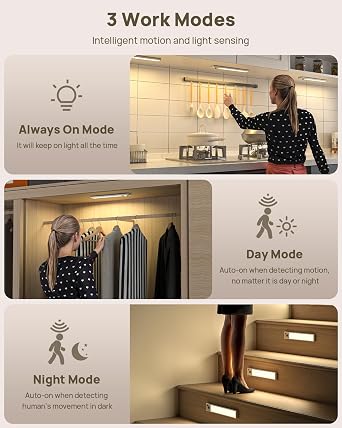 9inch Under Cabinet Lighting with Remote, Rechargeable LED Motion Sensor Light Indoor, Closet Lights Wireless, 3 Color Temps & Dimmable, Magnetic Under Counter Lights for Kitchen, Stairs, 4 Pack