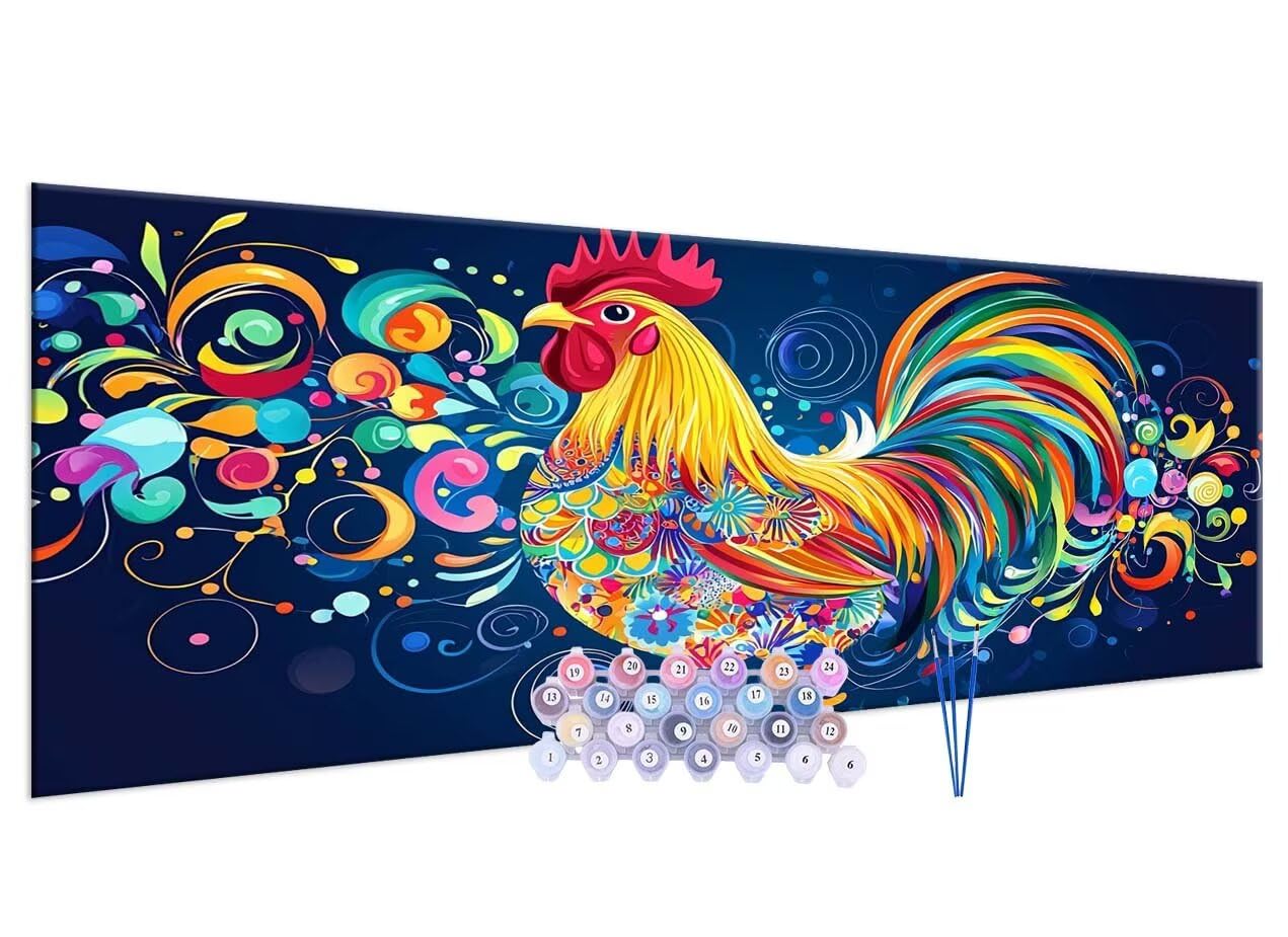 Kit Peinture Par Numéros "Coq" - Toile 20x30 Cm Avec Cadre, Peintures Acryliques, Pinceaux - Activité Adultes