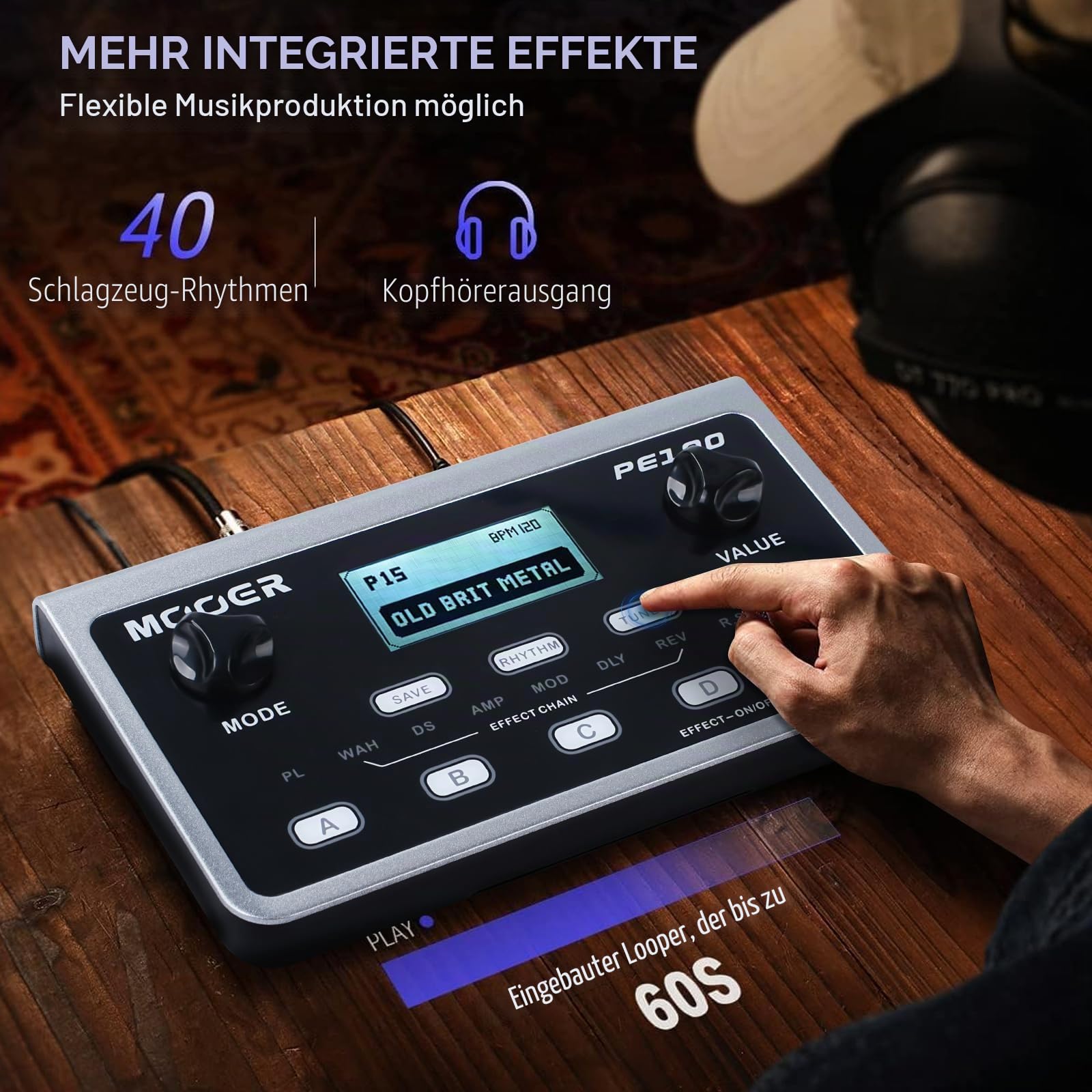 Nikou Multi-Effekt Prozessor Gitarreneffektpedal Tragbarer E-Gitarren Effekttisch 39 Effekte 40 Drum Patterns 10 Metronome Tap Tempo