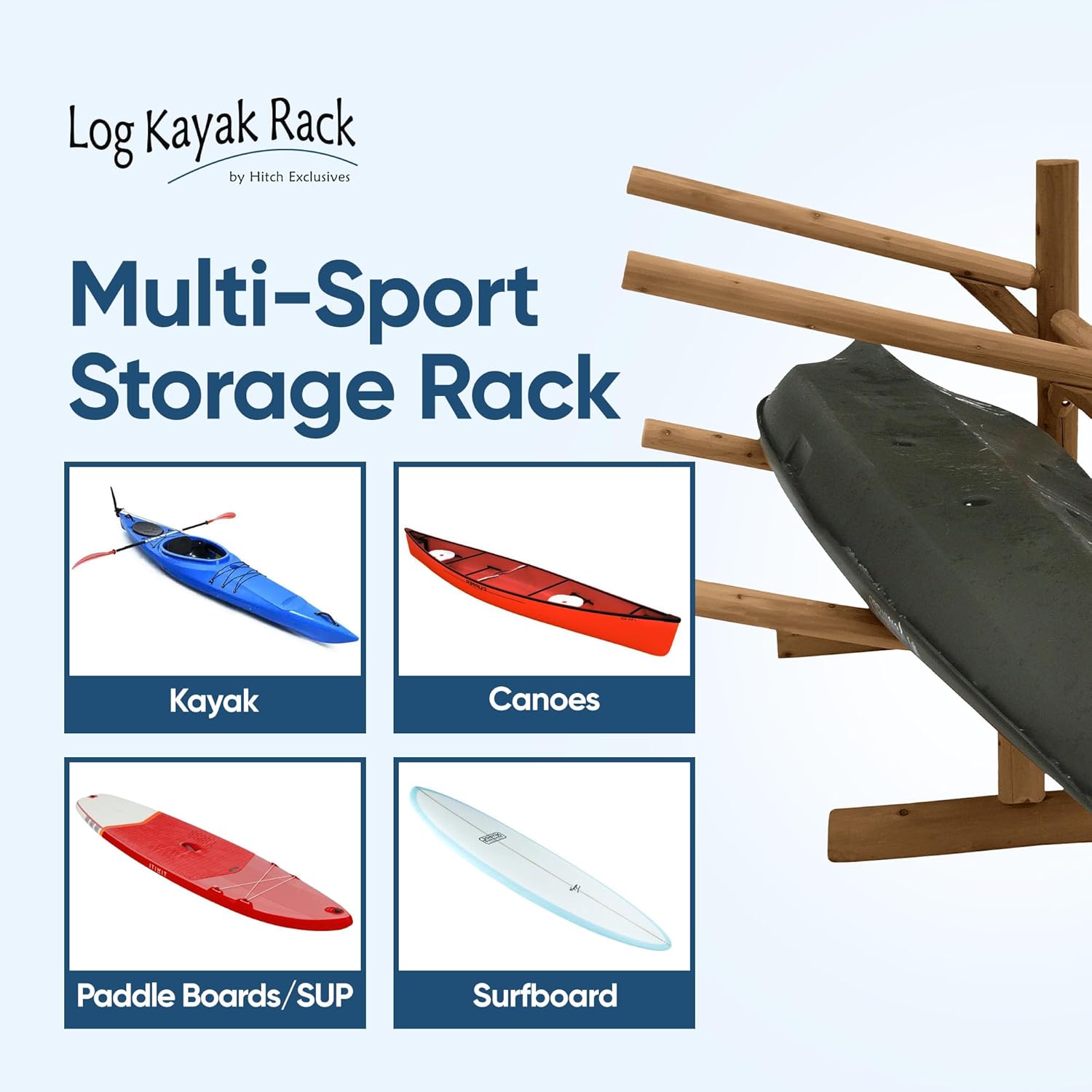Log Kayak Rack 2-Place Canoe Rack Stand, Free-Standing Kayak Racks for Outdoor & Indoor, Surfboard Storage Stands or SUP Garage Organizer, Paddle Board Kayaking Holder - Canyon Brown