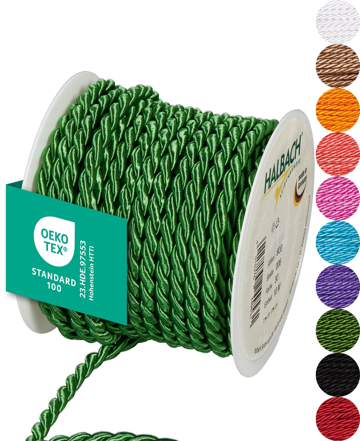 Halbach Seidenbänder Premium Kordel (grasgrün) | Breite 6mm Länge 10m | Made in Germany & Öko-Tex Zertifiziert | glänzende Satinkordel aus Acetat