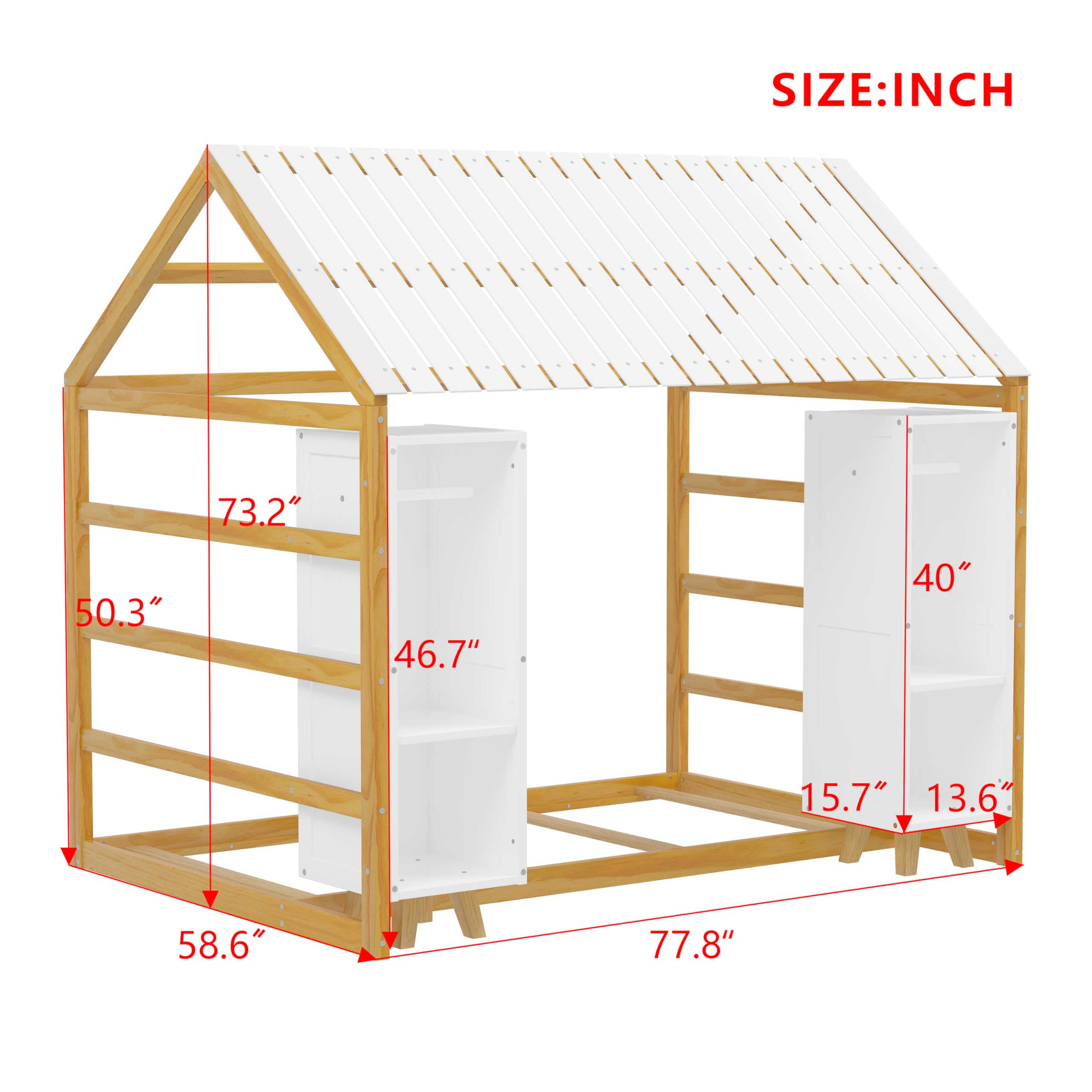 SOFTSEA Twin House Bed with Two Movable Wardrobes, Floor Bed Frame with Roof and Wood Slats, Wooden Platform Twin Bed Frame with Storage, Natural