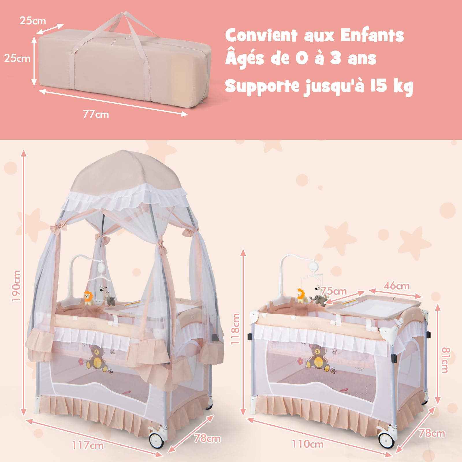 COSTWAY 4 en 1 Lit Parapluie Bébé avec Matelas et Filet Détachable, Lit Bébé Évolutif Pliable avec Table à Langer, Style Princesse, Boîte à Musique et Jouets pour Bébé de 0-3 Ans