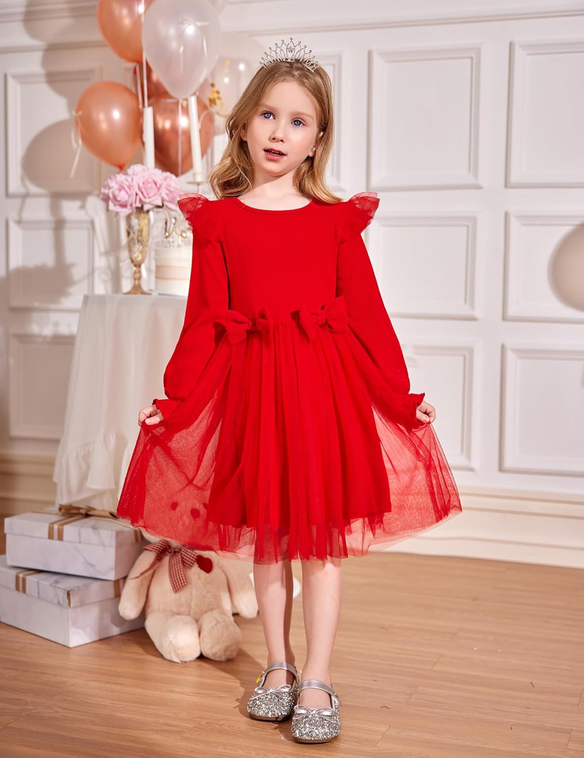 Arshiner Toddler Girls Tulle Dresses with Bow Tie Fall Winter Long Sleeve Formal Party Dress 1-7 Y - Image 2