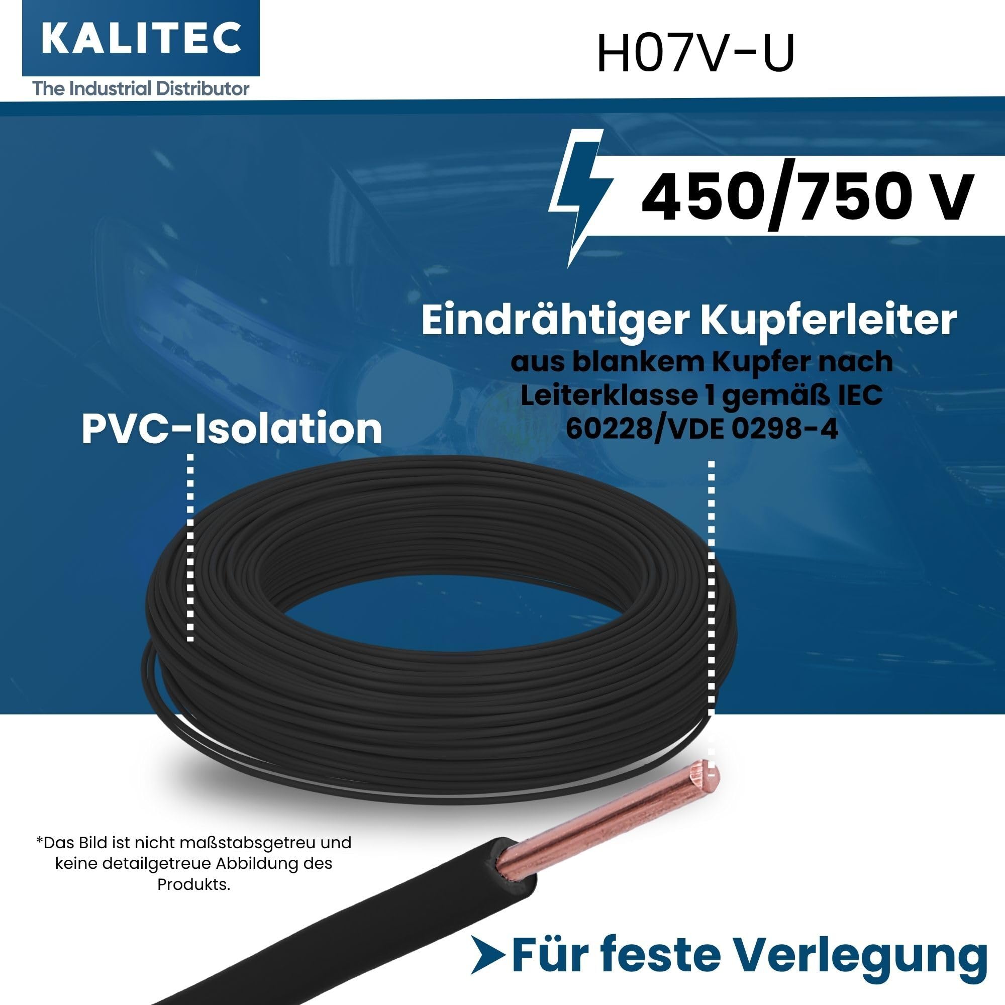 Kalitec H07V-U 1 x 2,5 mm² zwart I enkele draad vlamvertragend pvc 2,5 mm² stijve koperen streng I 450/750 V I enkele draad kabel voor interne bedrading van machines en lampen