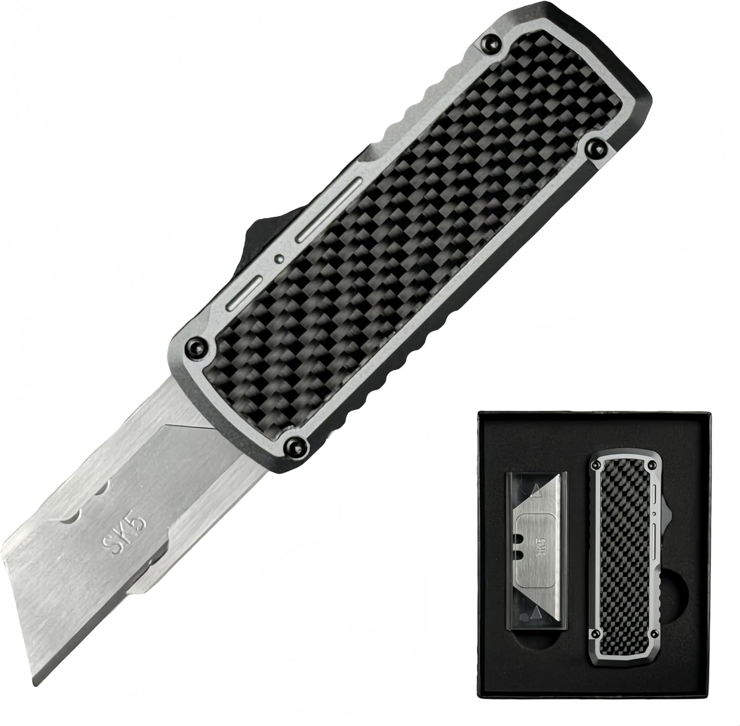 Utility Knives, EDC Pocket Knife with Clip, CNC Unibody, Lightweight Aluminium inlay Carbon Fibre Handle, Small Box Cutter with 10 Extra Blades (Grey)