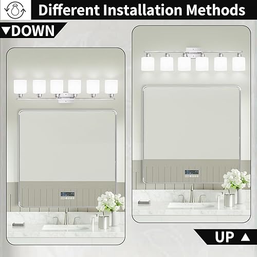 Miniatura 4 de Lámpara de tocador de níquel cepillado para espejo grande, 6 lámparas de baño sobre espejo con pantallas de vidrio esmerilado blanco lechoso, luz de