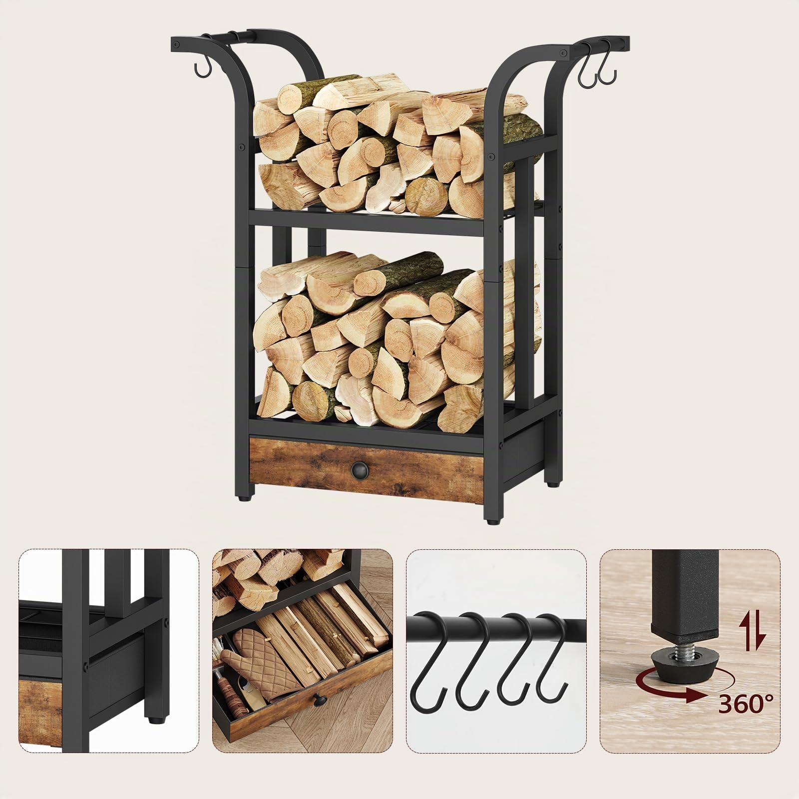 MAHANCRIS Kaminholzregal Innen Außen, 3-stöckiges Holzregal, 4 S-Haken und Stoffschublade, 68 x 30 x 73,5 cm, Metallrahmen, für Kamin & Ofen, Vintagebraun und Schwarz AFKBK4301