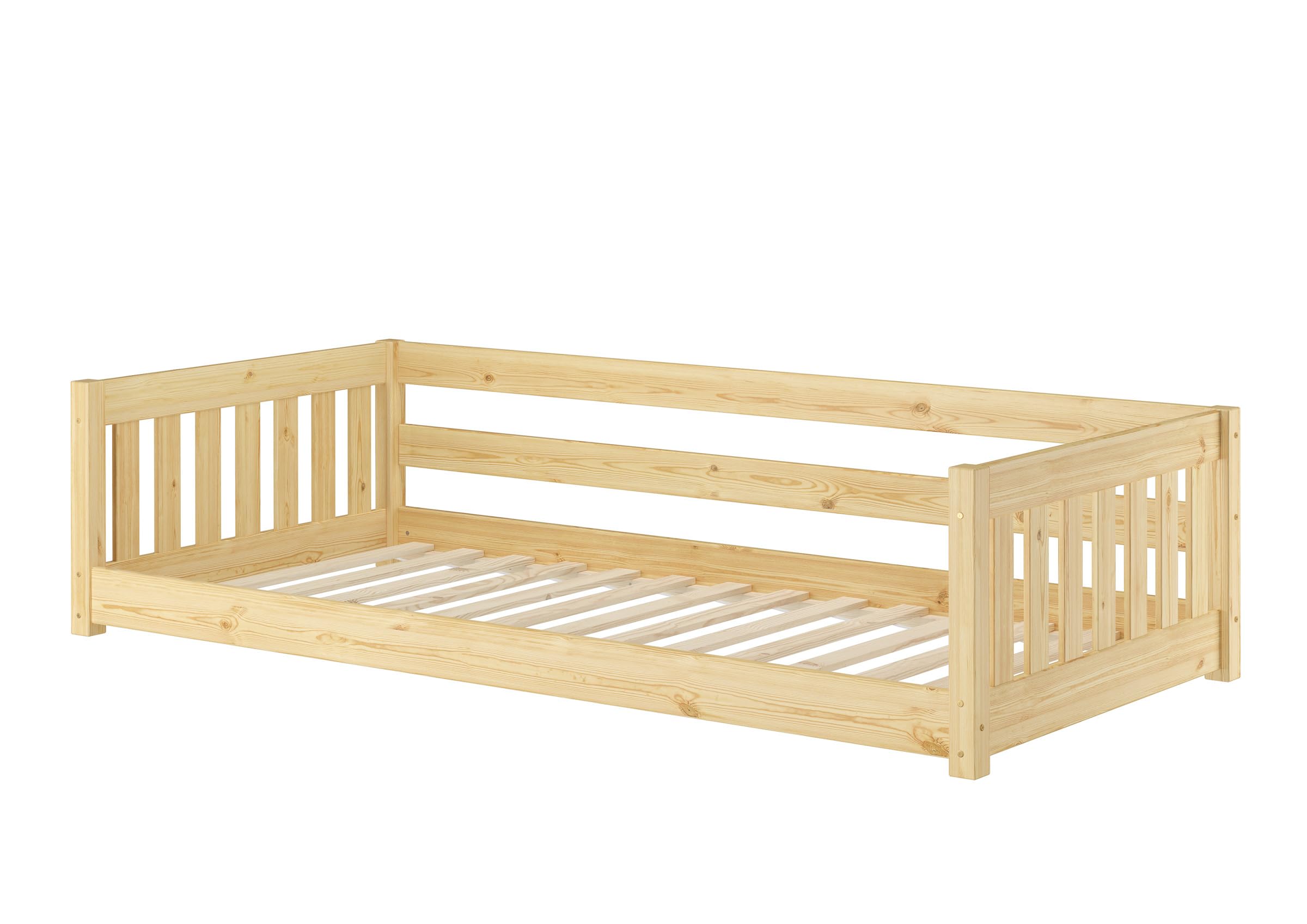 Erst-Holz®Niederflurbett für Kinder mit Sicherung 90 x 200 cm Kiefer massivRollrost inkl.