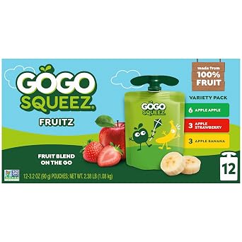 GoGo squeeZ No Sugar Added Applesauce and Fruit Puree, Apple, Strawberry, Banana, 3.2 oz Pouches (Pack of 12), Fruit Snacks for Kids, Gluten Free, Nut Free, Recloseable Cap, BPA Free