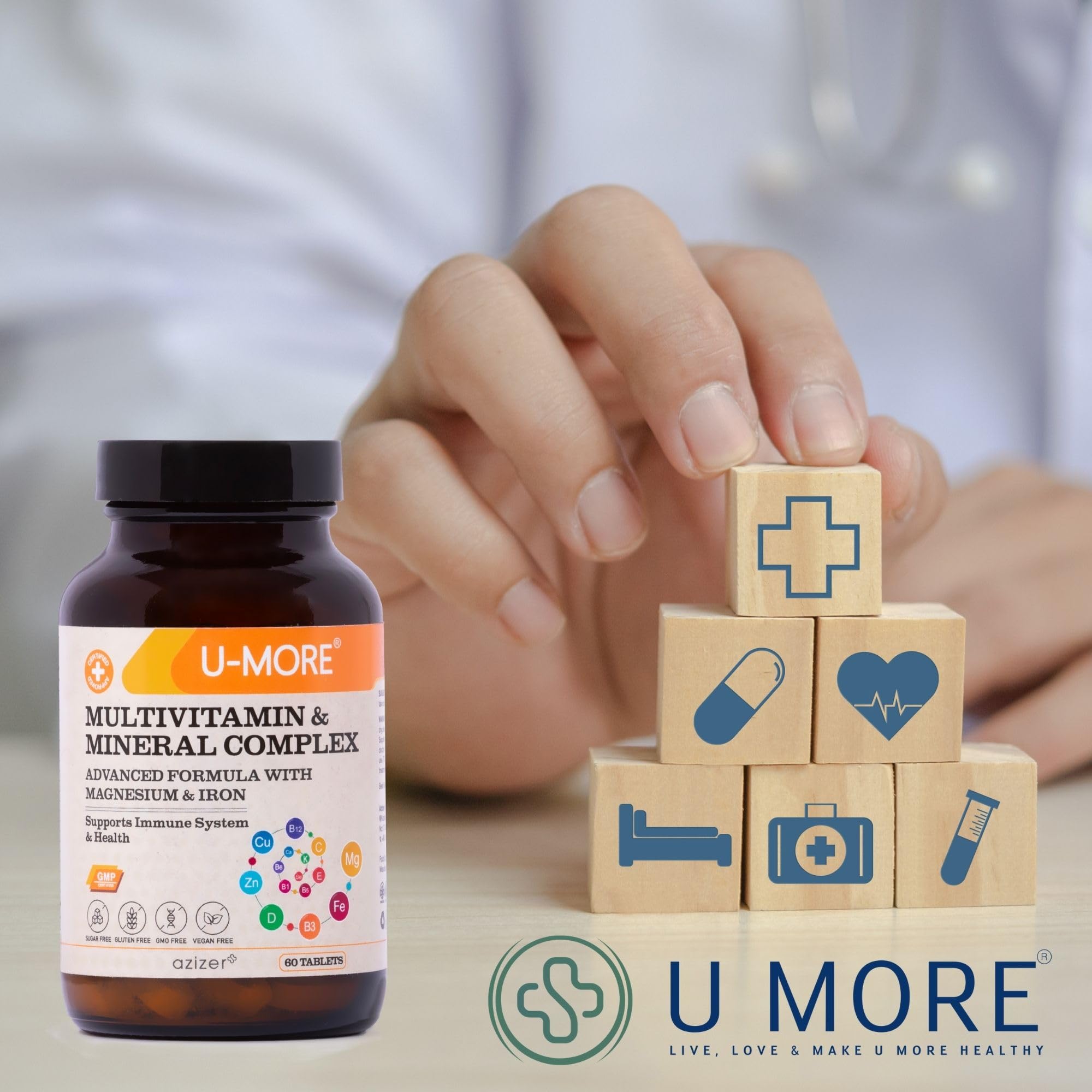 U-MORE Multivitamin ve Mineral Kompleksi, Vegan, Şekersiz, Glutensiz, Kalsiyum, Magnezyum, A, B1, B2, B5, B6, B12, D3, K, C Vitaminleri, Demir, Çinko - 60 Tablet
