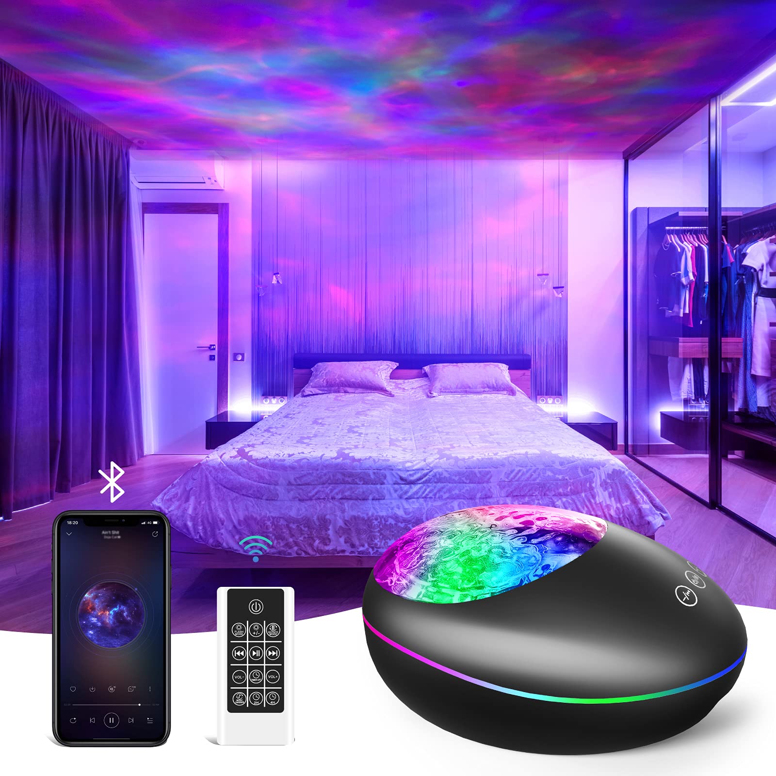 Galaxy Projector, TOMNEW Night Light Ocean Wave Projector with Bluetooth Music Speaker, Adjustable Brightness & 8 Lighting Modes Mermaid Light for Kids Adults Bedroom Game Room Decor