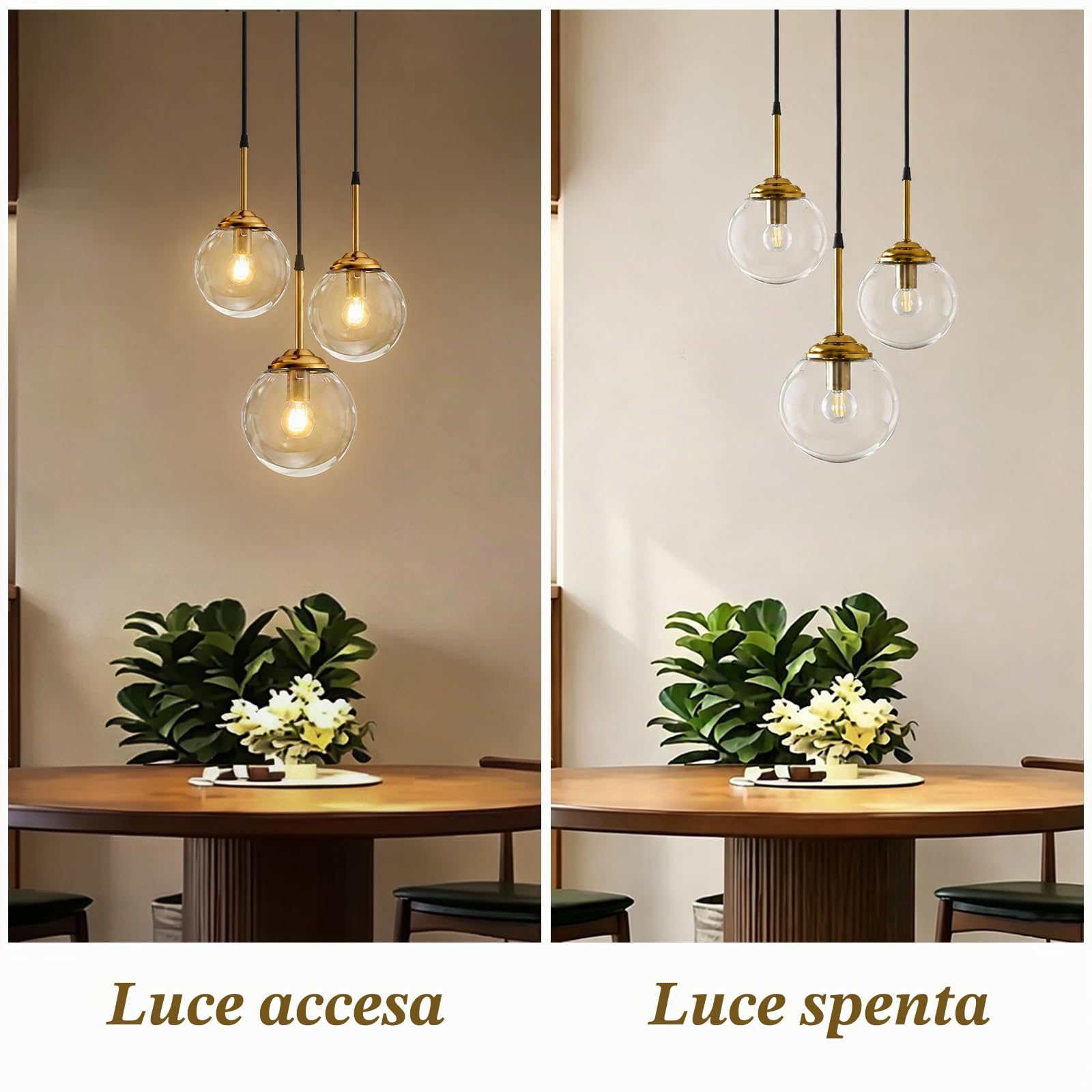CONERY Lampadari a sospensione in vetro a 3 luci Lampadario in ottone dorato vintage Lampada a sospensione a sospensione a sfera regolabile E14 Lampadario a soffitto industriale per isola cucina