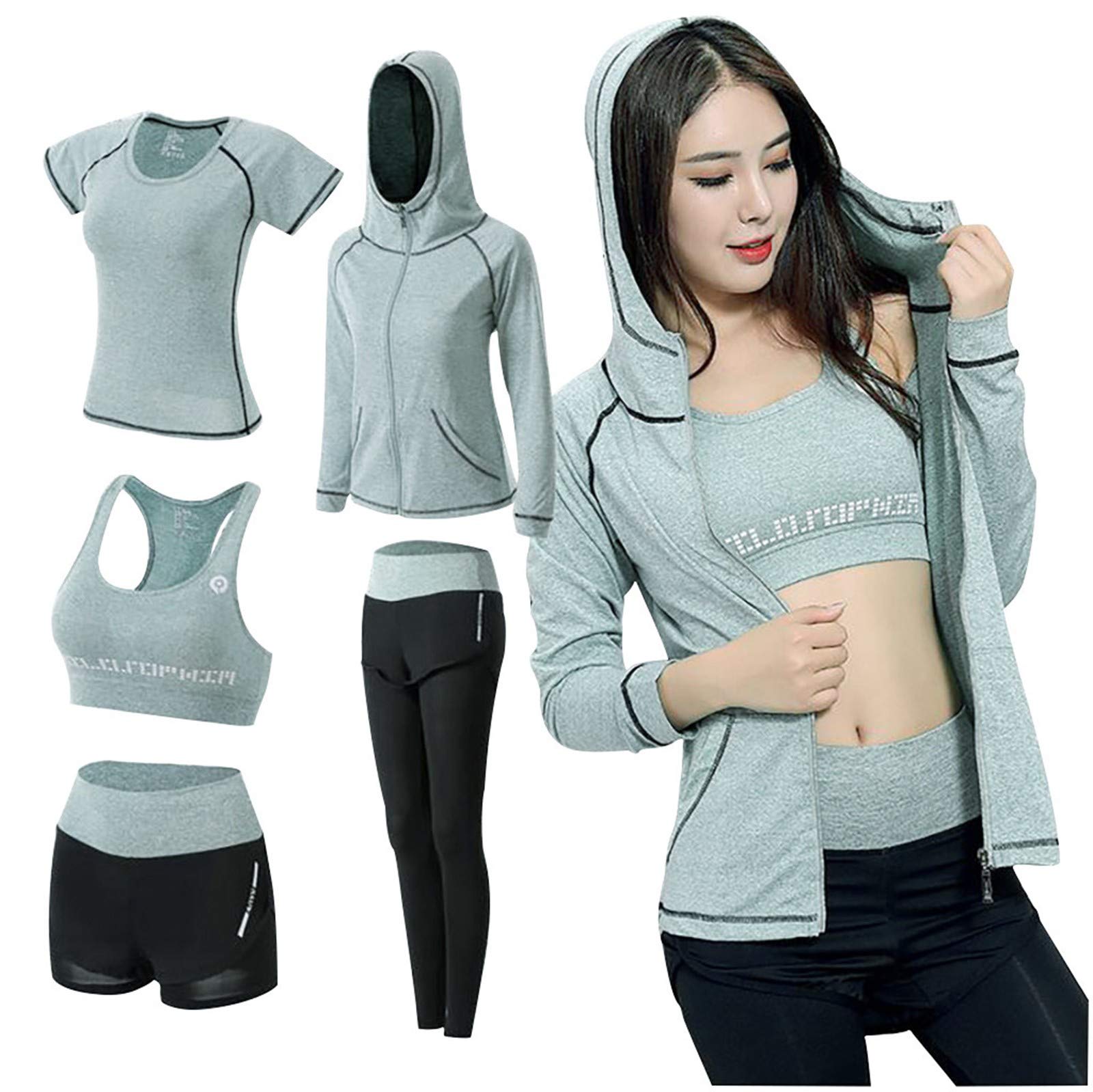 5 PCS Nahtlose Gym Sportbekleidungsset, Yoga Gym Yoga Leggings mit hoher Taille und Sport-BH und Sport-Top