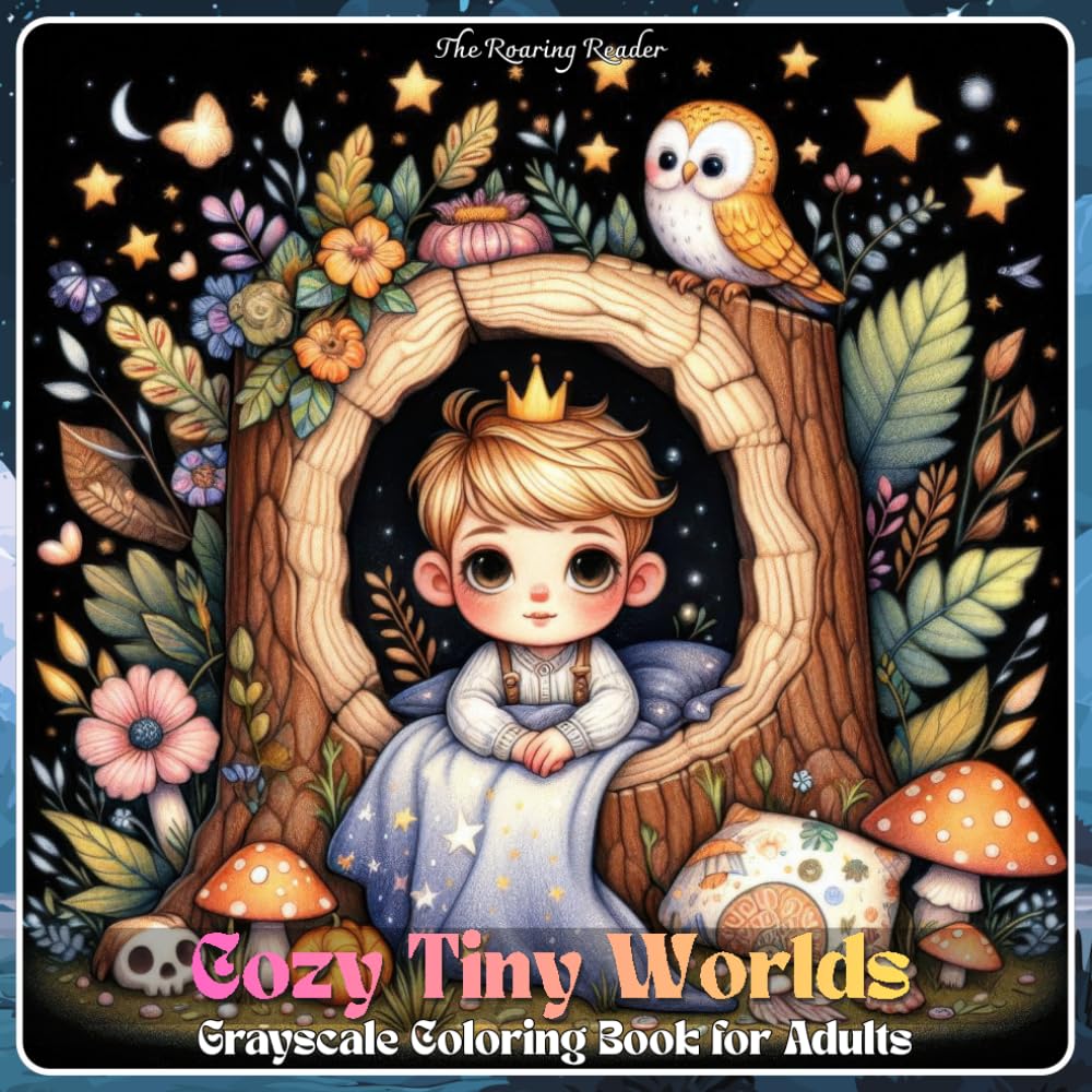 Cozy Tiny Worlds Grayscale Coloring Book: 52 Whimsical Miniature Scenes Featuring Tiny Prince Adventures, Cute Animals, Cozy Forest Homes, and Magical ... Relief, and Creativity (Whimsical World)