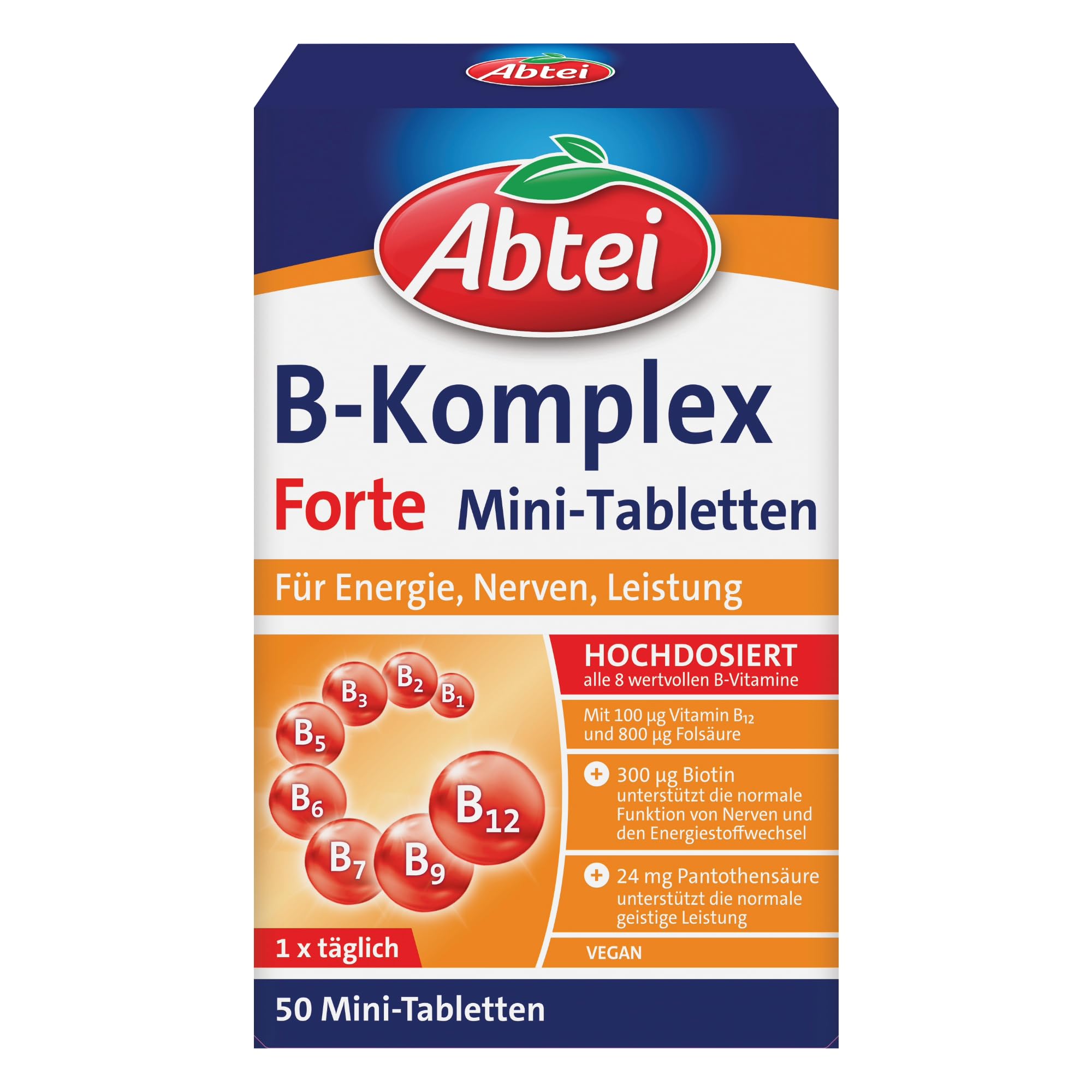 Abtei Vitamin B-Komplex Forte - Für Energie, Nerven, Leistung - Mit allen 8 B-Vitaminen und Biotin - Hochdosiert - Glutenfrei, laktosefrei, vegan - 50 Mini-Tabletten