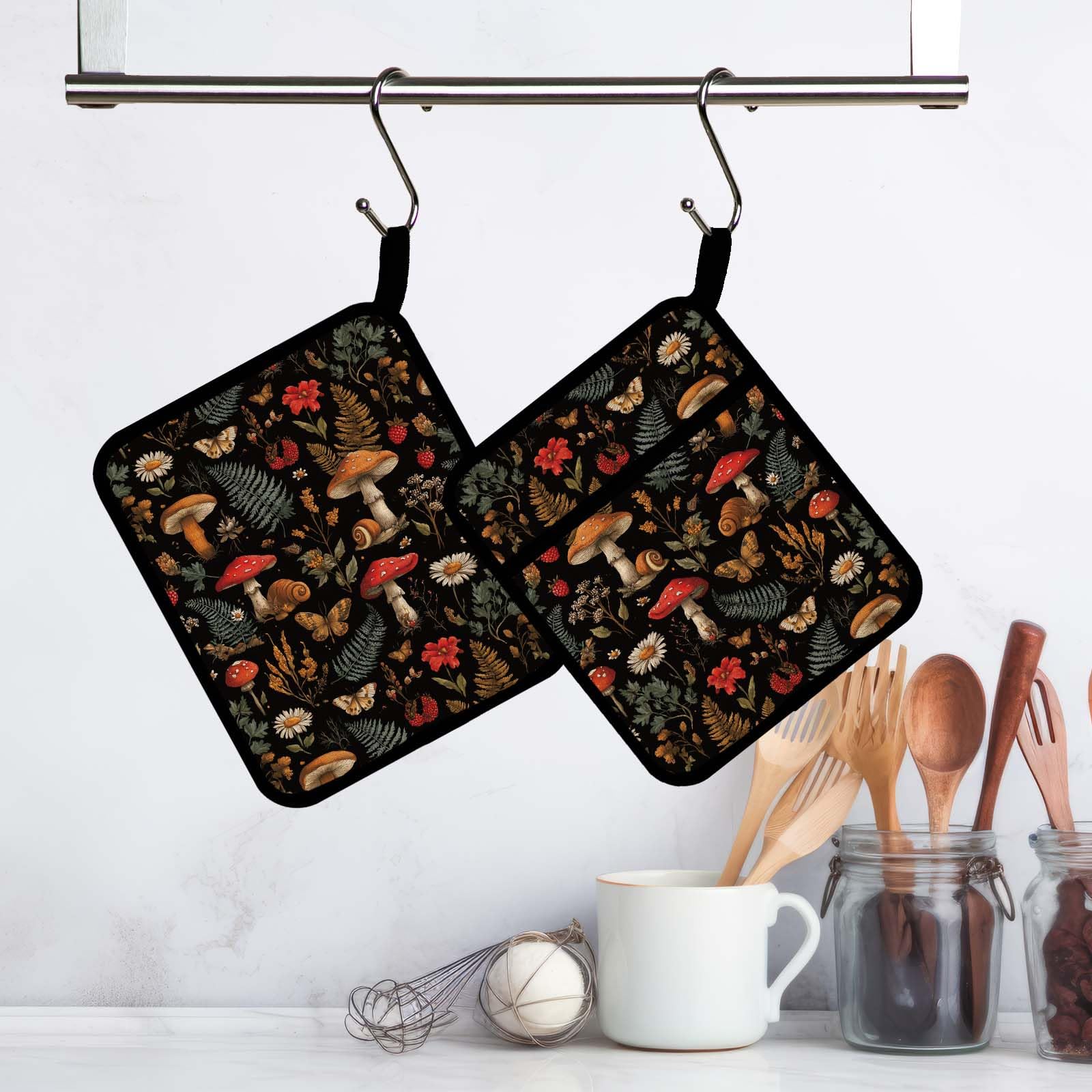 FREEBLOSS 2 presine con motivo a funghi per la cucina, in cotone, resistenti al calore, per cucinare e cuocere 7,8 x 9,5 cm