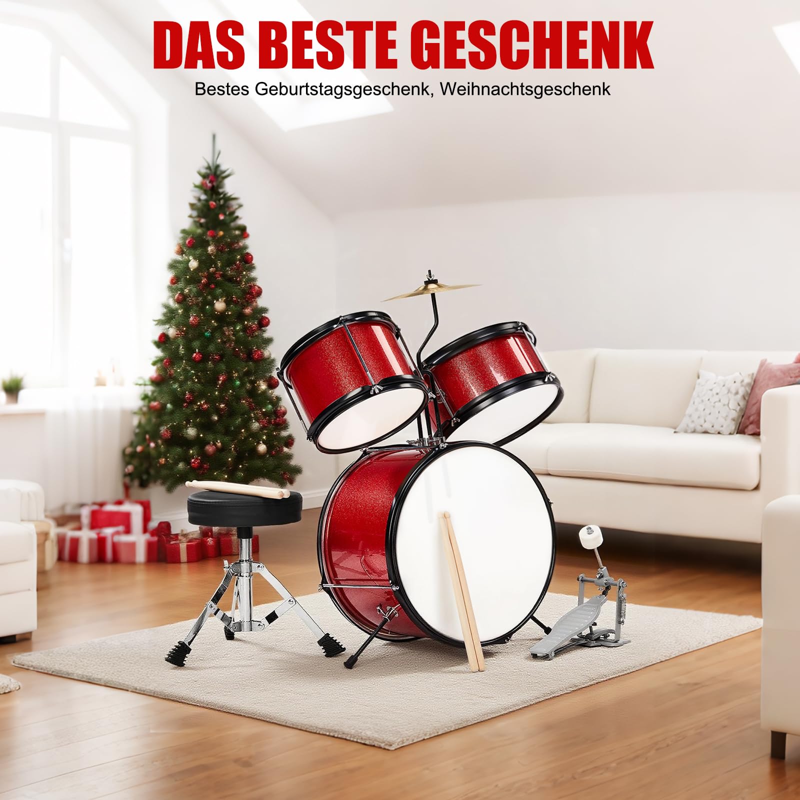 LEADZM Set di percussioni per bambini dai 3 anni in su, con sgabello, pedale per grancassa e 2 bacchette, bacino, Tom e rullante (rosso)