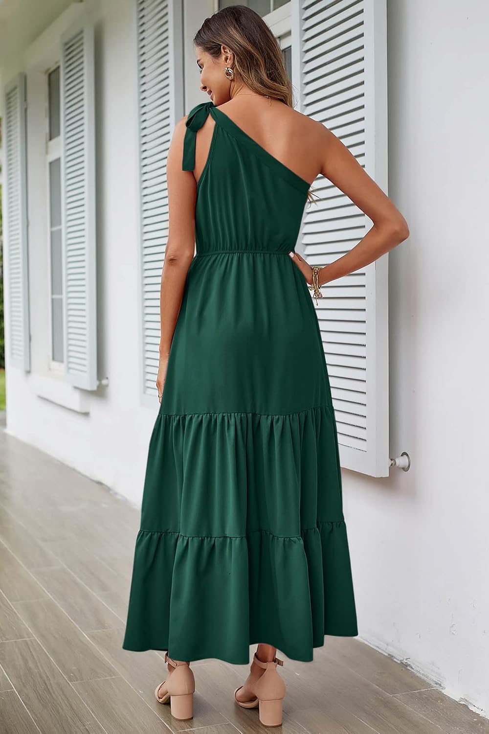  Women's One Shoulder Boho Floral Maxi Dress | Sleeveless Tiered A Line, Long Flowy Sundress, Tie Knot Summer Vacation Dresses, Spring Wedding Guest Outfits for Beach Party thumbnail