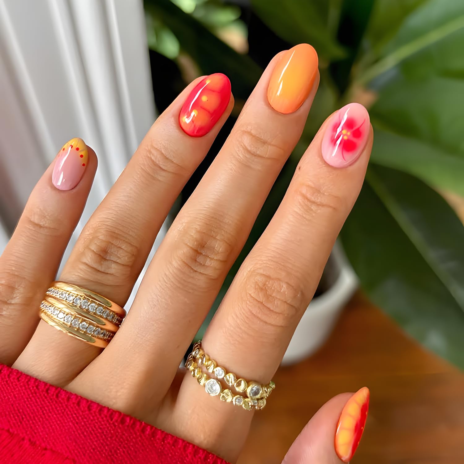 24Pcs Fake Nails Flower Press on Nails Short Almond False Nails Colorful Spring Stick on Nail Full Cover Glossy Nails Press Ons DIY Gradient Glue on Nail for Women and Girls image 2