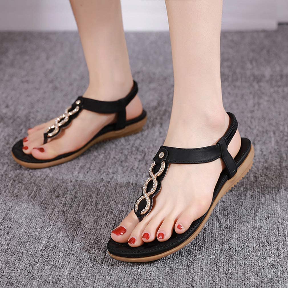 Sandalias Mujer Verano Planas Comodas Bohemio Sandalias de Playa Punta Abierta Clip Toe Pisos Cómodo Elástica Casual Zapatos 36-41 EU