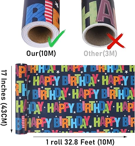 Miniatura 2 de NESCCI Papel de regalo de cumpleaños, papel de regalo de cumpleaños, rollo de papel de regalo, 17 pulgadas x 32.8 pies por rollo, colorido patrón de