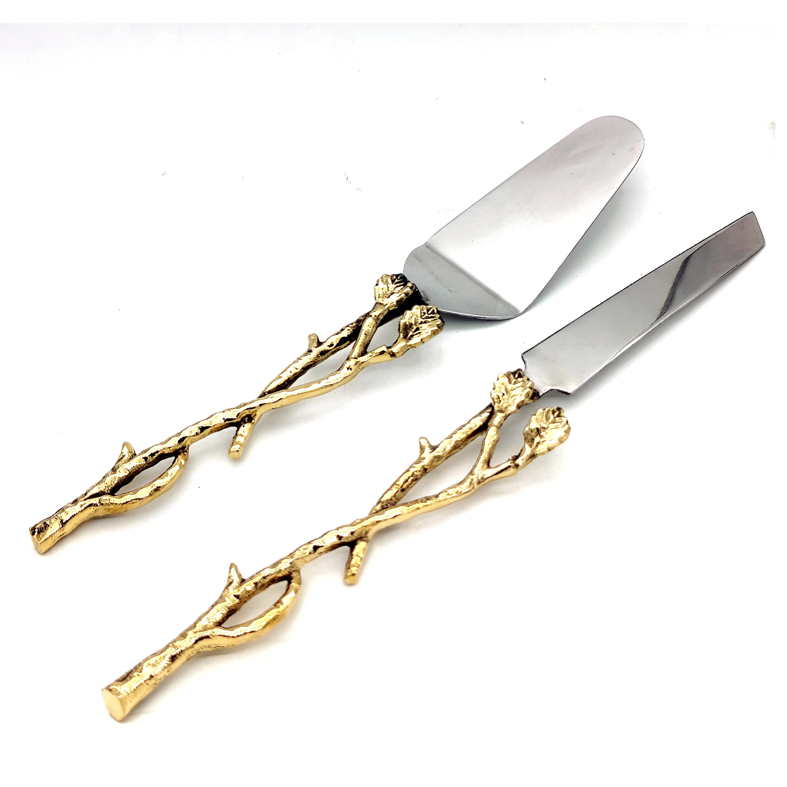 REPLICARTZ Gold-leaf Cake Server Set. 1 Cake Knife and 1 Cake Server. Leaf Design 2 Tone Made of Stainless Steel and Brass Best for Weddings, Party's, Elegant Events