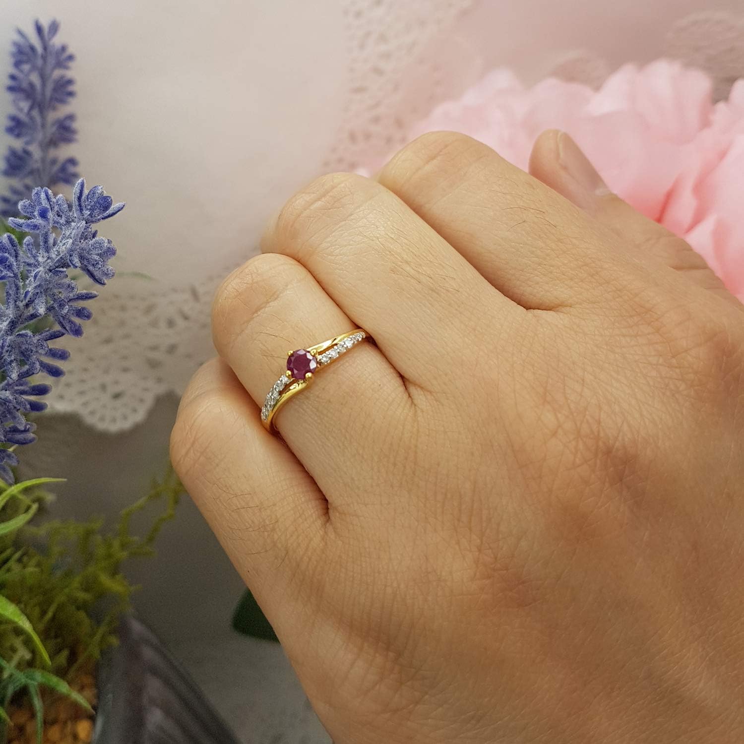 Dazzlingrock Collection Round Ruby & White Diamond Womens Bridal Wave Promise Engagement Ring, 10K Solid Gold