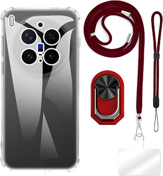 4 in 1 Case Compatible with Vivo X300 Pro 5G with Strap, Wristband, Ring, Shockproof Protective Cover Travel Set Clear Case + Red Set