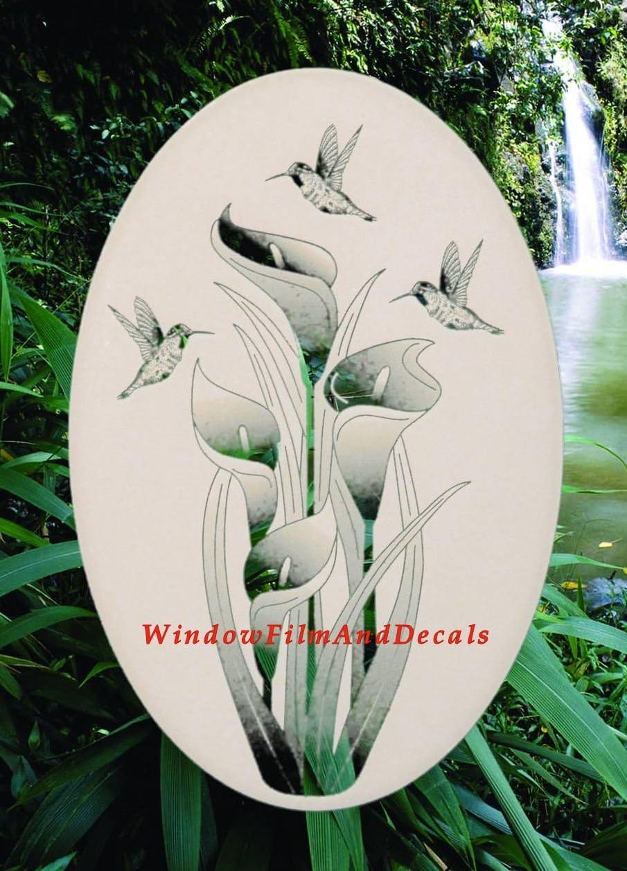 Lily & Hummingbirds Oval Etched Window Decal Vinyl Glass Cling - 21" x 33" - White with Clear Design Elements