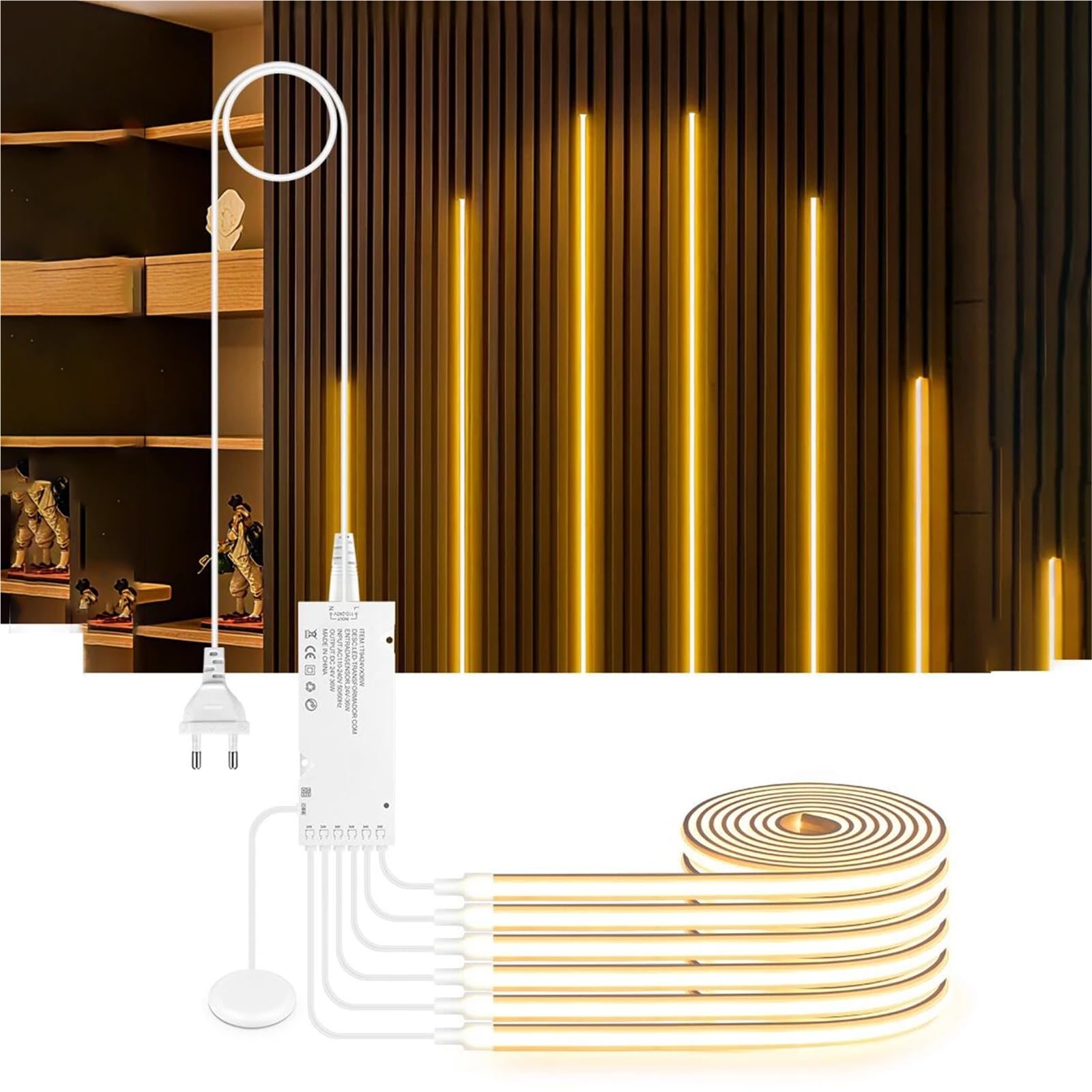 Tira de luz neón lineal incrustable, cinta LED autoadhesiva, pared TV for el hogar, rejilla madera grano, cortina , decoración techo integrada(White,2 PCS COB NEON TAPE_5M 16.4FT_EUROPEAN POWER PLUG)