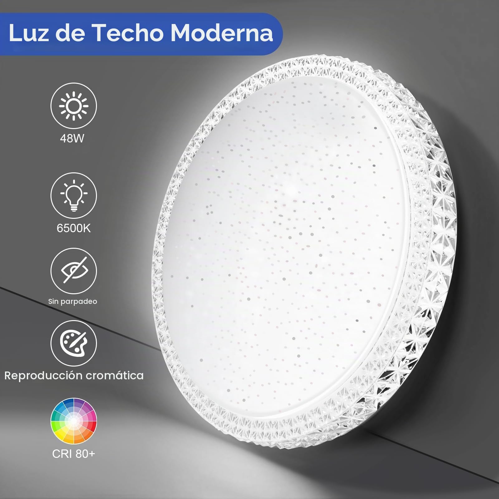 Lámpara de Techo 48W, 6500K Blanco frio Plafón LED Techo, 4800LM Plafon Luz LED, Ø48cm Plafon Redonda, Moderna Luz para Sala, Cocina, Dormitorio, Pasillo, Oficina