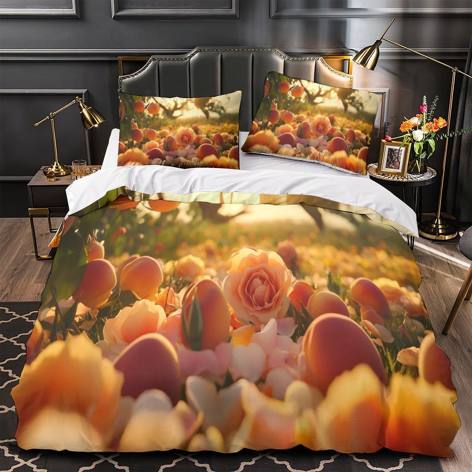 Parure de lit luxe imprimé pêches mûres 3D microfibre résistante lit double