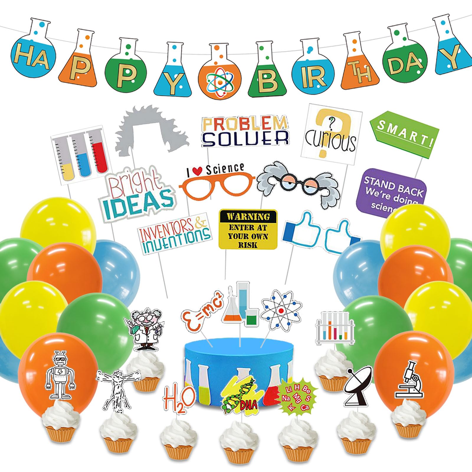 The DaPai 77Pcs Science Birthday Party Decoration Set Banner &Cupcake Toppers &PhotoBooth Props &Latex Balloons Mad Science Party Decors for Girls Boys Birthday Chemistry Laboratory Party Supplies