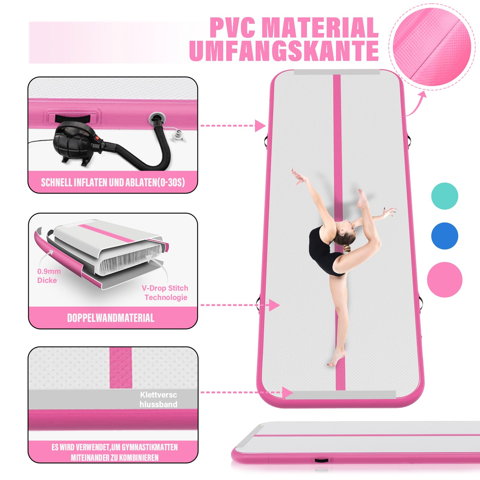 Air Track Ginnastica Artistica 3/4/5/6 Metri 10/20cm Spessore – Tappeto Ginnastica Artistica da Casa con Pompa Elettrica, Tappetino Gonfiabile per Allenamento, Yoga, Cheerleading, Fitness