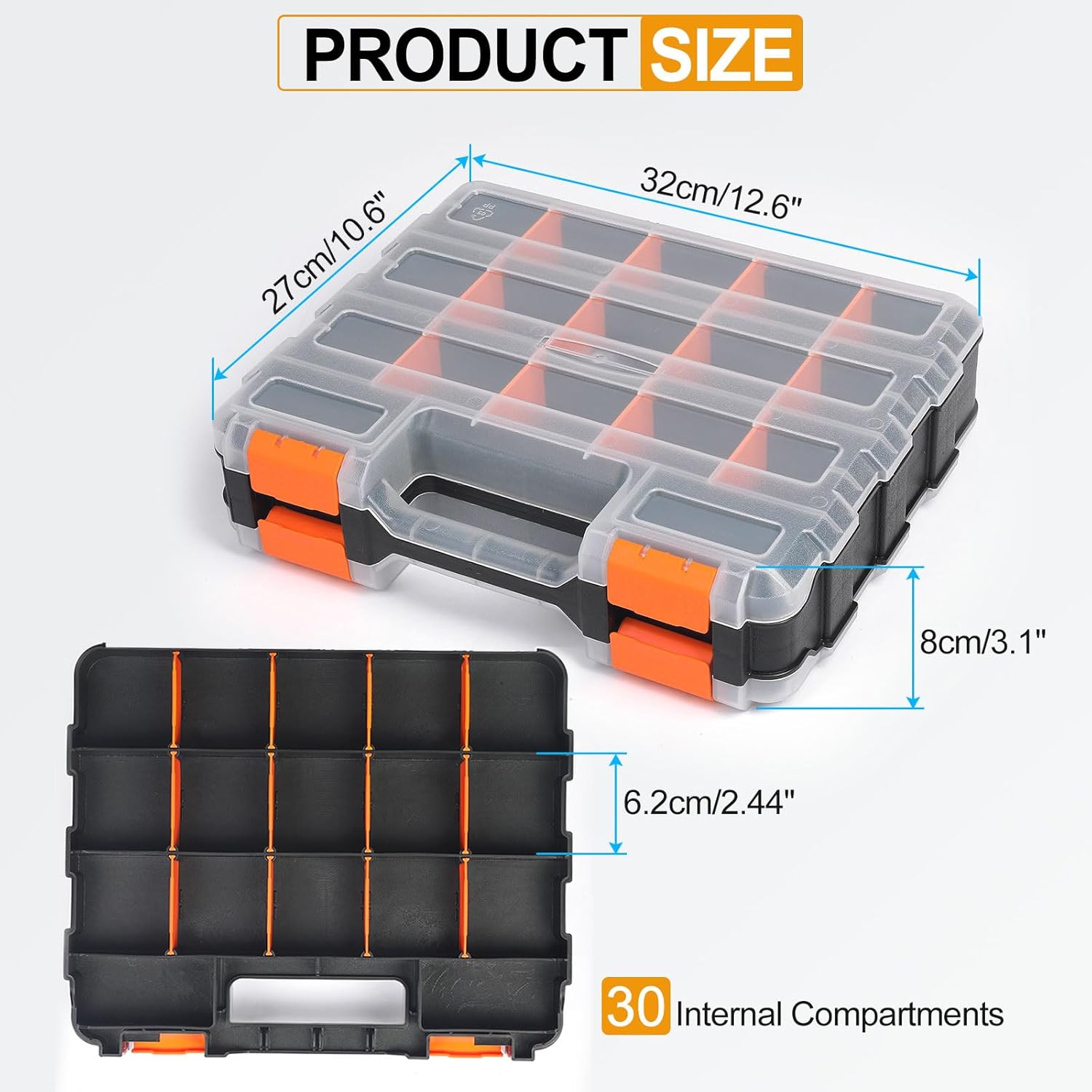 HARFINGTON Double Side Tool Organizer 12.6"x10.6"x3.1" 30-Compartment Hardware Storage Box with Removable Plastic Dividers for Screws Nuts Nails Bolts