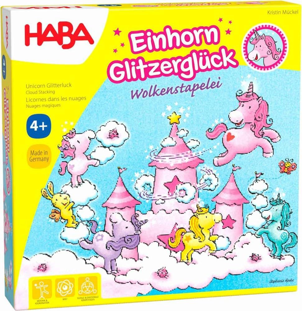 HABA 304539 - Einhorn Glitzerglück - Wolkenstapelei, kooperatives Stapelspiel mit Einhörnern und Wolken aus Holz, Spiel ab 4 Jahren