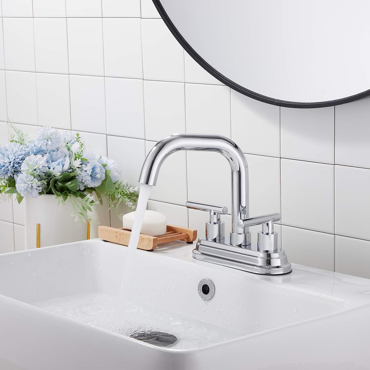 Amazing 🔥 2 Handles Bathroom Faucet GGStudy Chrome Bathroom Sink Faucet 4 Inches Centerset Bathroom Vanity Faucet with Drain Assembly and Supply Hose Lavatory Faucet Mixer Double Handle Tap Deck Mounted