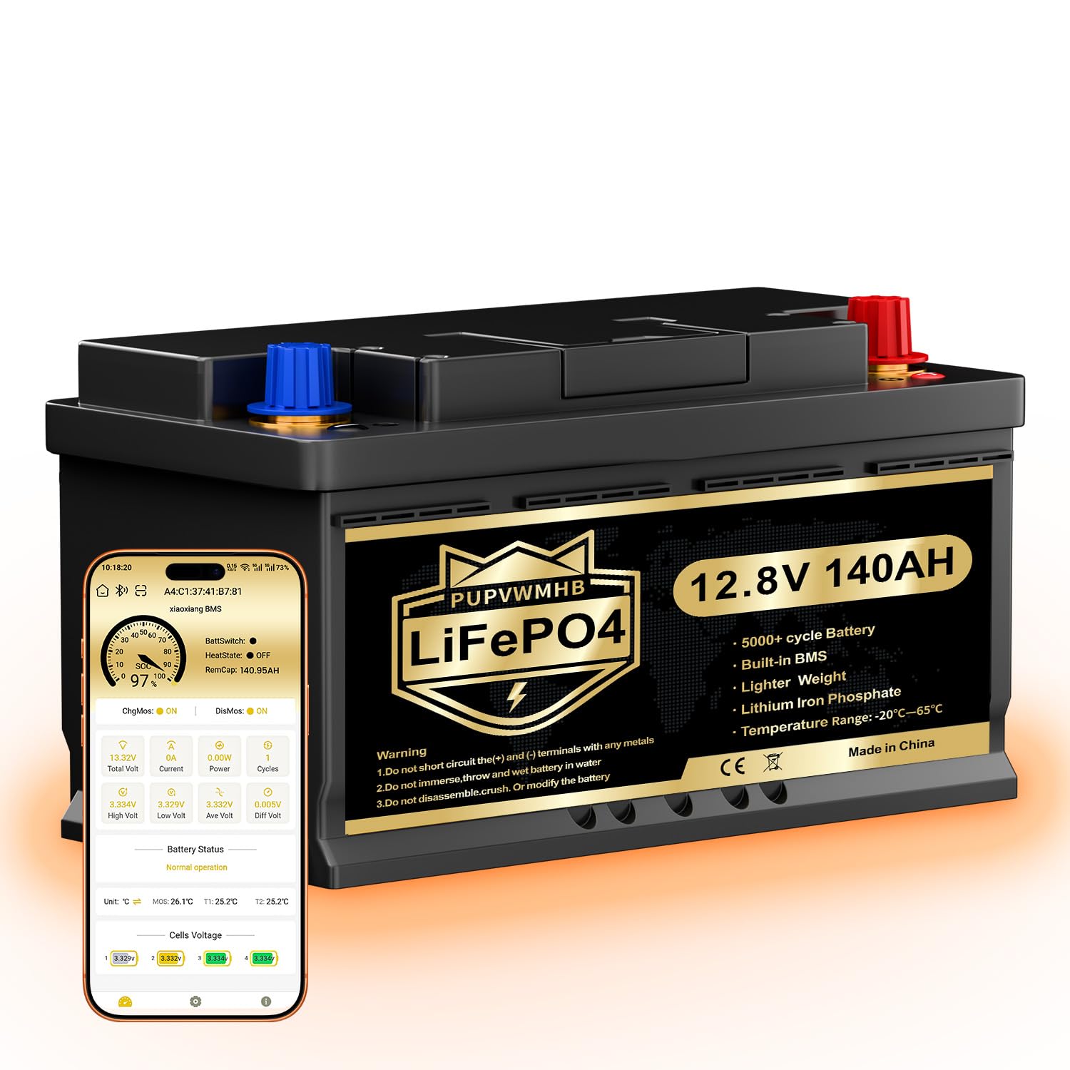 Batteria LiFePO4 12V 140Ah con Bluetooth e autoriscaldamento, BMS 150A, 15000 cicli, 1792Wh max, stop bassa temperatura. Ideale per camper, solare e motori elettrici.