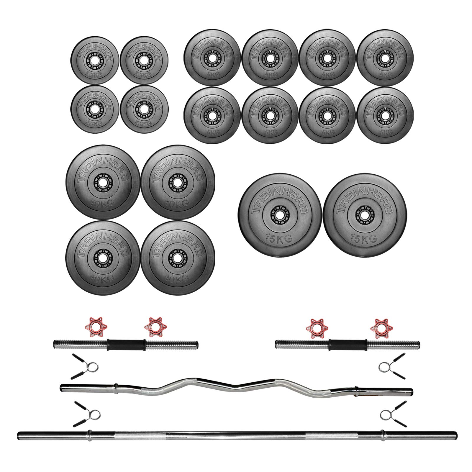 120 kg zestaw hantli z 1,6 m długiego drążka, 1,3 m drążka do curli, 2 x 45 cm krótkiego drążka oraz dysków hantlowych (4 x 2,5 kg, 8 x 5 kg, 4 x 10 kg, 2 x 15 kg)