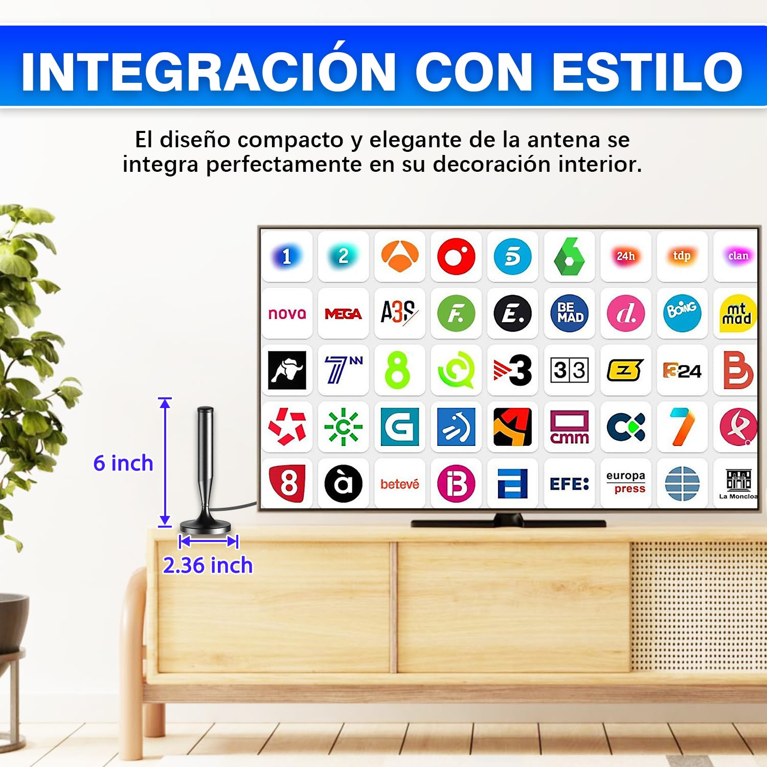 Antena TV Interior 2026 Mejorada para Smart TV – Recepción 360° con Señal Estable de Largo Alcance, Base Magnética Potente, Cable Coaxial de 5 m, Compatible 4K y 1080P, Canales TDT Locales Gratis