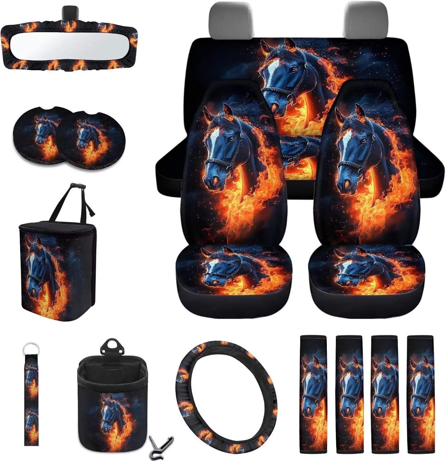 3D Fire Horse Print Car Seat Covers Full Set,15 Piece Automotive Accessories Set,with Seat Belt Cover Steering Wheel Cover Coaster Rear View Mirror Cover Air Vent Bag Keychain