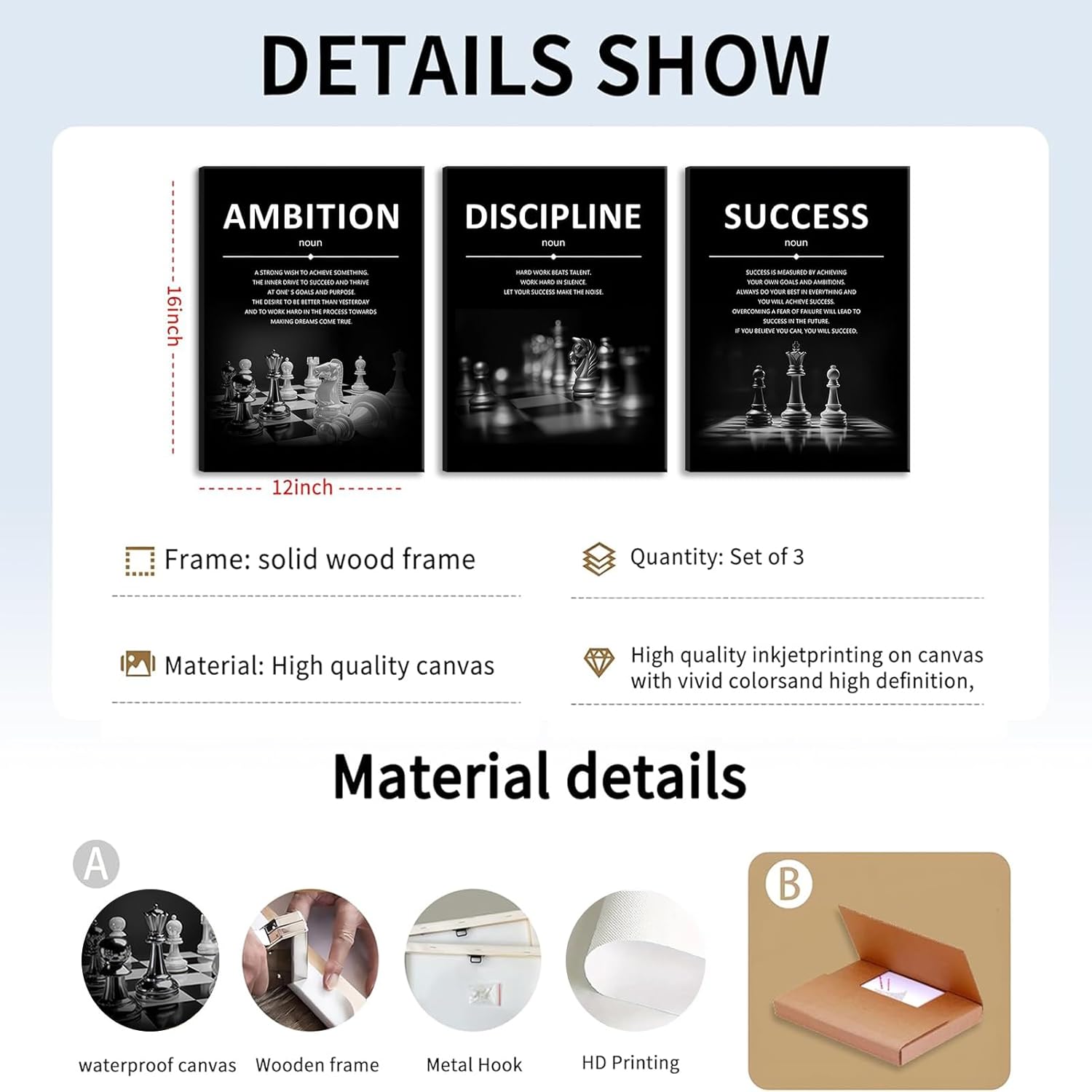 ONEOLTN Motivational Wall Decor Inspirational Office Canvas Wall Art Quotes Prints Artwork Success Ambition Discipline Encouraging Pictures for Study Room Gym Sayings Home Decoration 16” x24” x3PCS