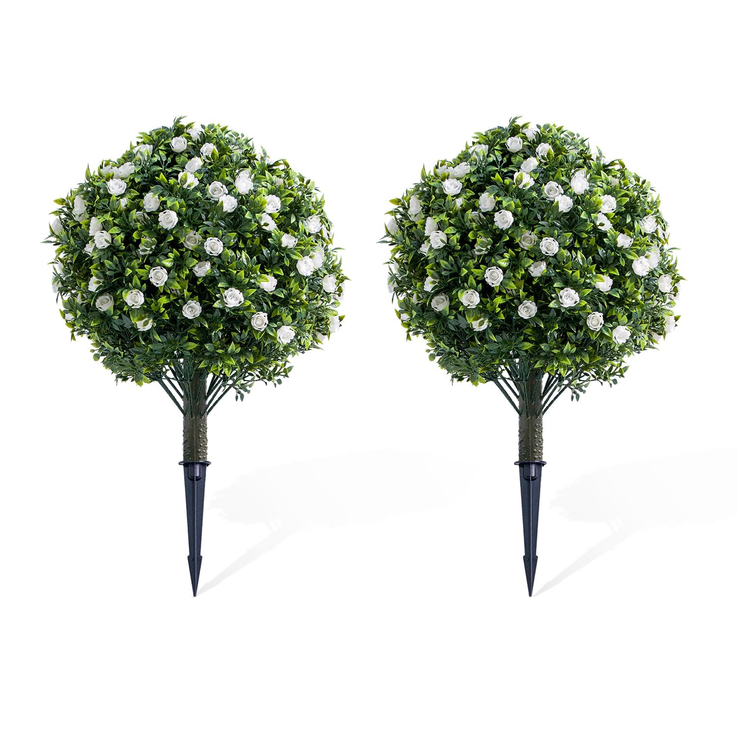 Lifelike Artificial Topiary Ball Trees Set of 2 – Golden Bloom Flowers, 23.6" PE Faux Shrubs with Ground Spike & Metal Stakes for Indoor/Outdoor Home Decor, 60x40cm