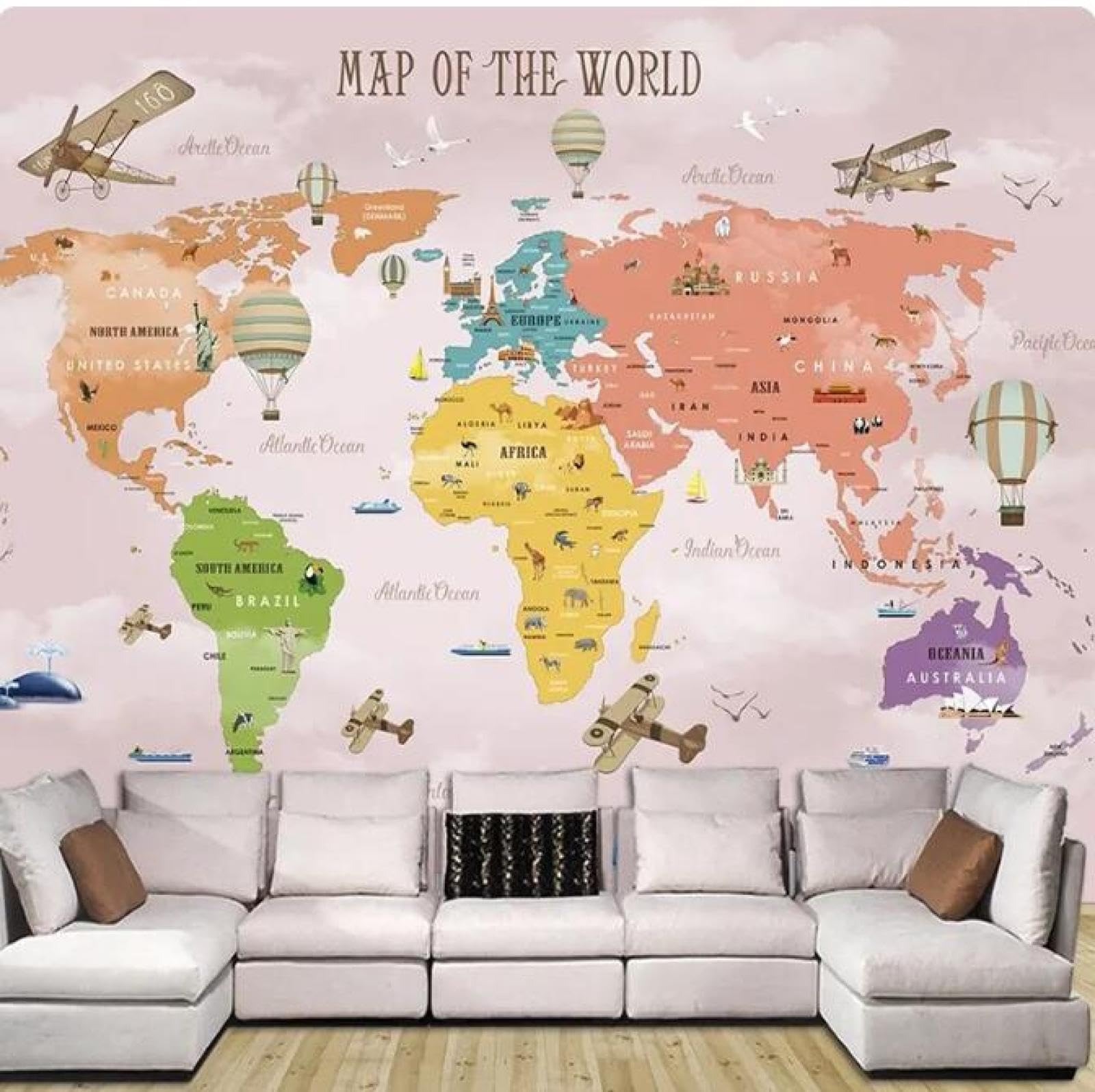 Mural kreskówka dziewczyny sypialnia różowa mapa świata samolot balon na gorące powietrze tapeta dom dekoracja ścienna, 3D, 150 x 105 cm