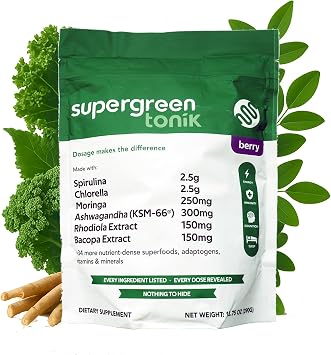 100% Natural Greens Superfood Powder Daily Supplement with 40 Superfoods, Vitamins and Minerals Supports Energy, Stress and Immunity 30 Days 360 Grams Berry Flavor 1 Bag